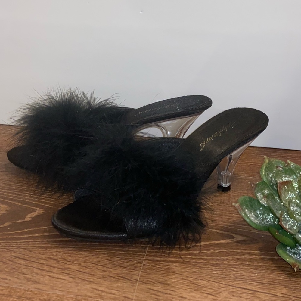 Fabulous Black Marabou Heels Slides Clear Heels Slippers 6